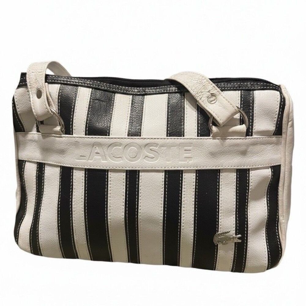 Lacoste Heritage Striped Satchel Shoulder Bag White Black Logo Zip Top